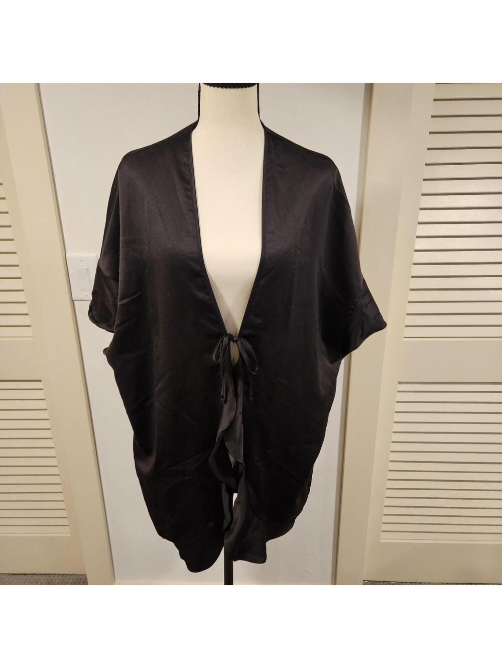 Victoria's Secret Black Love Logo ONE SIZE Satin Flounce Kimono Robe VS